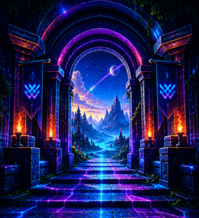 Glowing WorldWeaver portal opening into a fantasy world